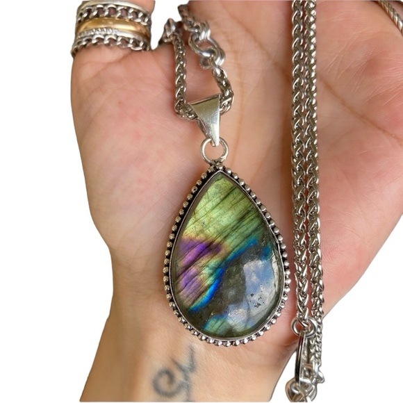 925 Sterling silver overlay iridescent rainbow pink blue labradorite necklace - Picture 10 of 14